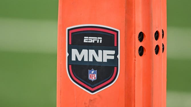 An ESPN Monday Night Football logo is seen on the side of a scoring pylon.