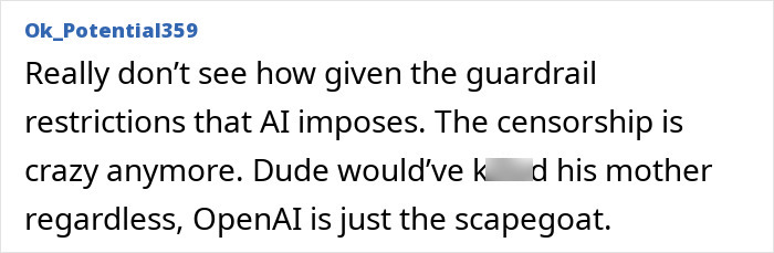Screenshot of an online comment discussing AI censorship and OpenAI as a scapegoat amid ChatGPT expert backlash.