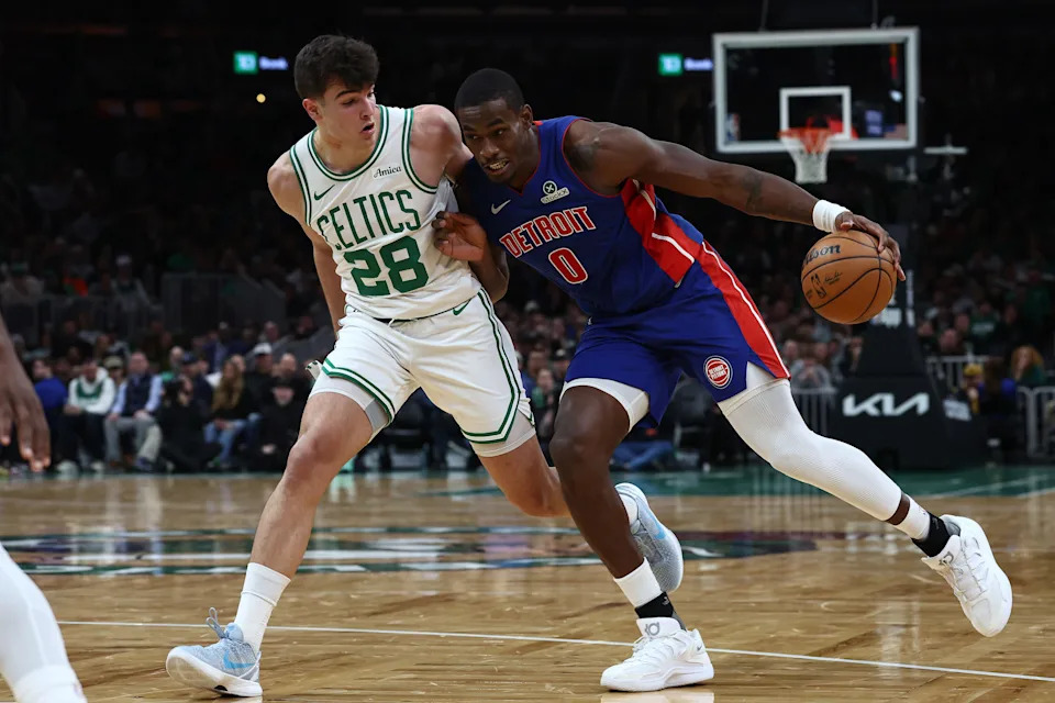 Dec 15, 2025; Boston, Massachusetts, USA; Detroit Pistons center Jalen Duren (0) drives on Boston Celtics guard Hugo Gonzalez (28) during the second quarter at TD Garden. Mandatory Credit: Winslow Townson-Imagn Images