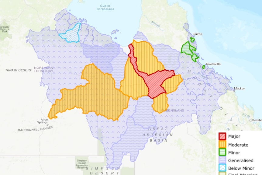 flood warning map showing major and moderate flooding in north west queensland