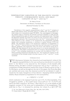 Front page of a paper titled 'Temperature Variation of the Magnetic Susceptibility, Gyromagnetic Ratio, and Heat Capacity in Sm+++ and Eu+++' by Amelia Frank
