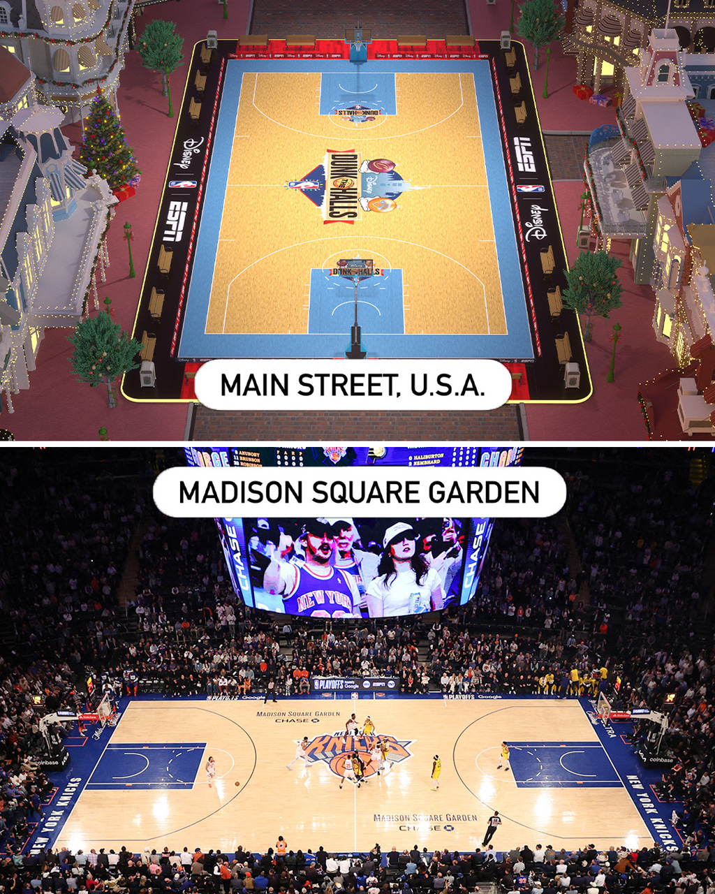 CGI basketball court and picture of Madison Square Garden basketball court