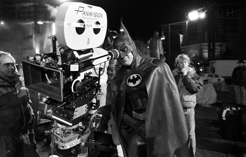 American actor Michael Keaton tries the view from behind the camera, during the filming of 