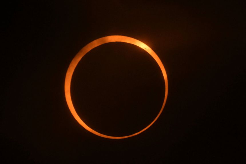 An annular solar eclipse appears above Puerto San Julián, Argentina, in October 2024.