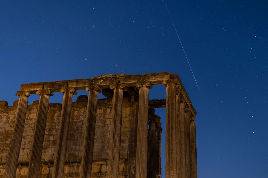 The Perseids streak above the Temple of Zeus at Aizanoi, an ancient city in Turkey, in August.