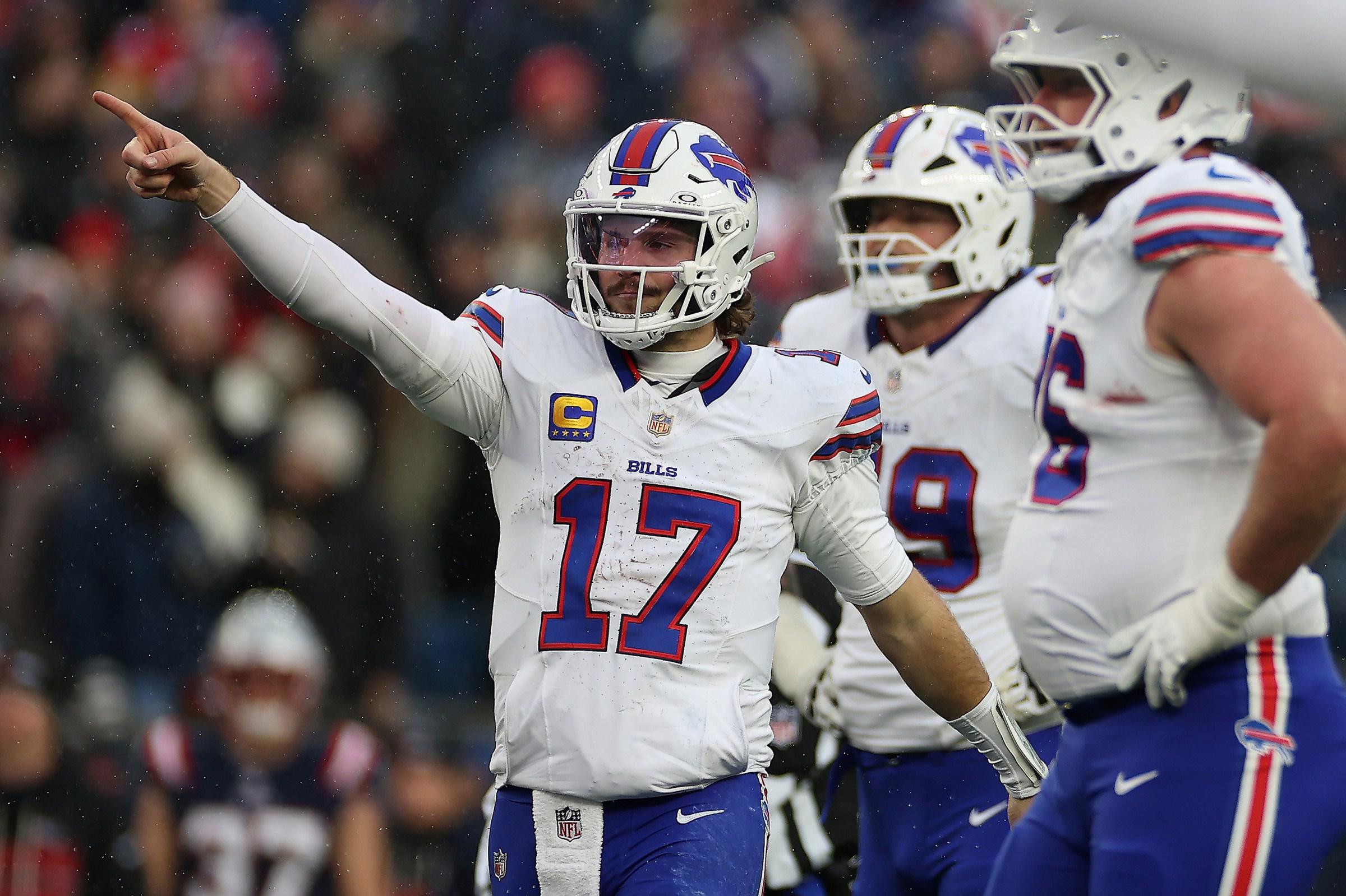 FOXBOROUGH, MASSACHUSETTS - DECEMBER 14: Josh Allen #17 of the Buffalo Bills reacts during the third quarter against the New England Patriots at Gillette Stadium on December 14, 2025 in Foxborough, Massachusetts. (Photo by Sarah Stier/Getty Images)