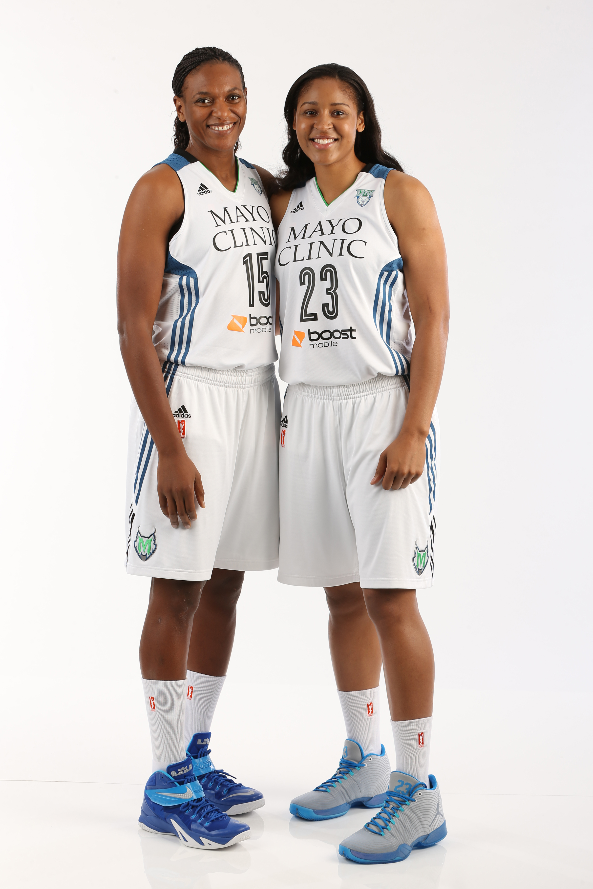 MINNEAPOLIS, MN - May 28: Maya Moore #23 and Asjha Jones #15 of the Minnesota Lynx pose for a portrait during 2015 Media Day on May 28, 2015 at the Minnesota Timberwolves and Lynx Courts at Mayo Clinic Square in Minneapolis, Minnesota. NOTE TO USER: User expressly acknowledges and agrees that, by downloading and or using this Photograph, user is consenting to the terms and conditions of the Getty Images License Agreement. Mandatory Copyright Notice: Copyright 2015 NBAE (Photo by David Sherman/NBAE via Getty Images)