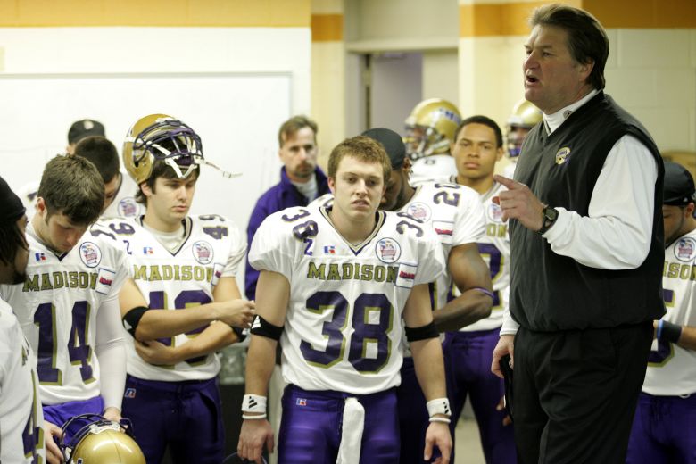 Mickey Matthews addresses his James Madison team before the Division I-AA championship game in 2004.