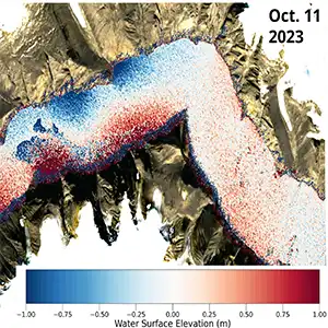 Copernicus Sentinel-2 satellite image of the Dickson Fjord in East Greenland after the mega-tsunami, with the observed sea-surface height measurements from the SWOT satellite of the Earth-shaking wave on October 11th overlaid. Click image to enlarge. Credit: ESA/Thomas Monahan