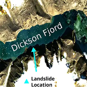 Copernicus Sentinel-2 satellite image pinpointing the mega-tsunami location at Dickson Fjord in East Greenland. Click image to enlarge. Credit: ESA/Thomas Monahan