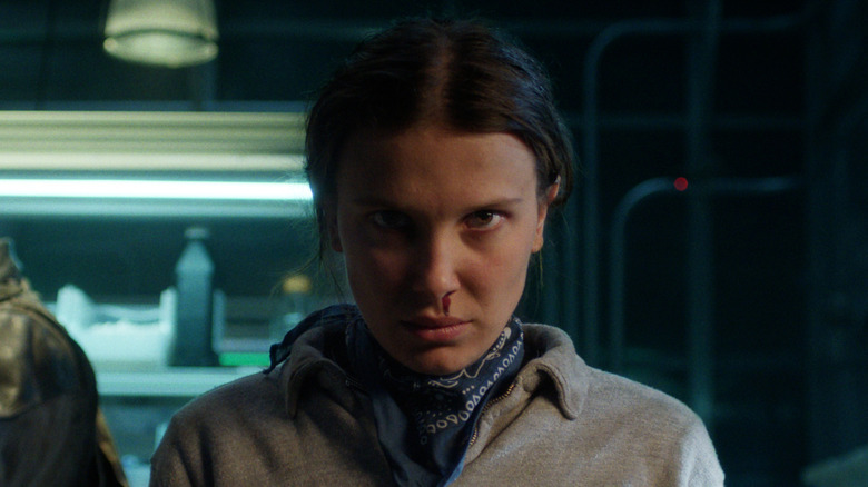 Millie Bobby Brown as Eleven gets that familiar nosebleed on Stranger Things.