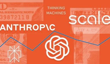 Logos of Anthropic, Thinking Machines Lab, Scale AI, OpenAI, and Perplexity AI overlaid on US dollar notes with a blue line chart