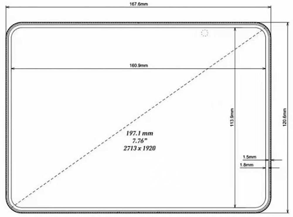 A schematic diagram shows tablet dimensions with '197.1 mm', '7.76', and '2713 x 1920' at the center, outlining size details.