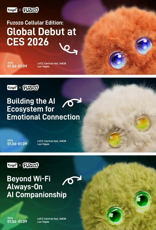 three press images of the fuzozo ai companion debuting at ces 2026