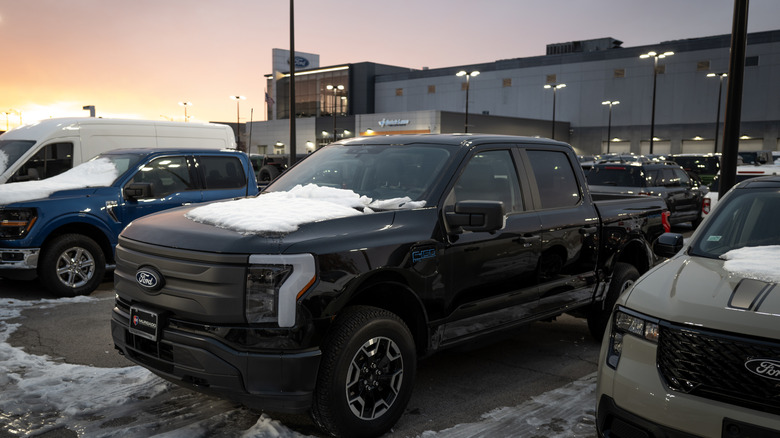 A Ford F-150 Lightning is offered for sale at a Ford dealership on December 15, 2025 in Chicago, Illinois.