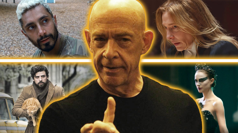 JK Simmons as Fletcher in Whiplash surrounded by images from Sound of Metal Târ, Black Swan, and Inside Llewyn Davis in a composite image