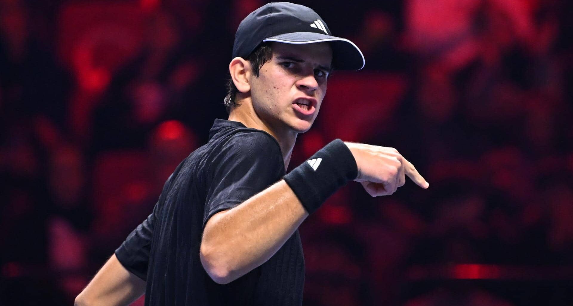 Rafael Jodar in action on Friday at the Next Gen ATP Finals presented by PIF.