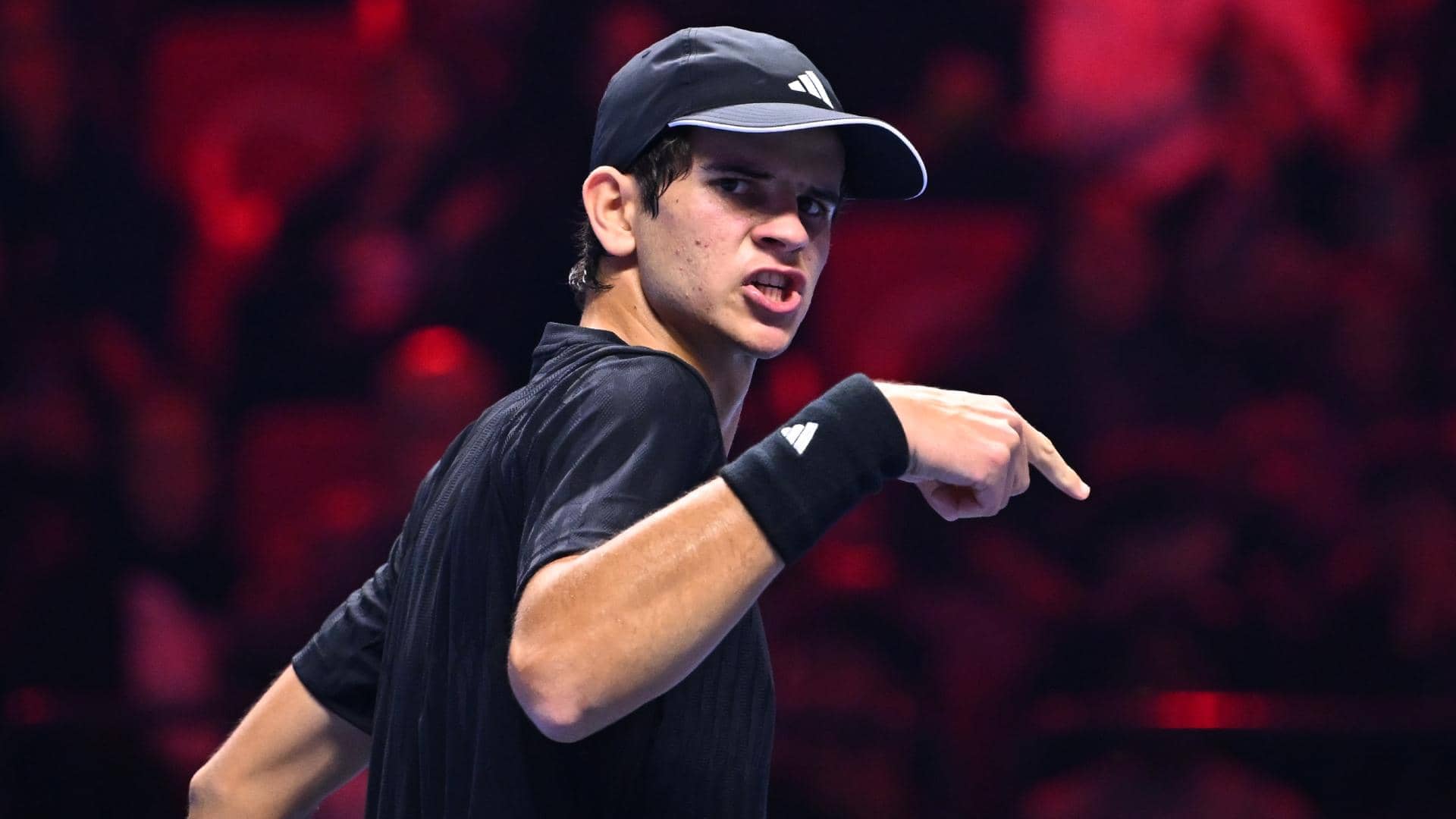 Rafael Jodar in action on Friday at the Next Gen ATP Finals presented by PIF. 