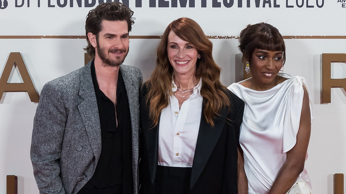 Andrew Garfield, Julia Roberts and Ayo Edebiri at the UK premiere of "After the Hunt" in October 2025.