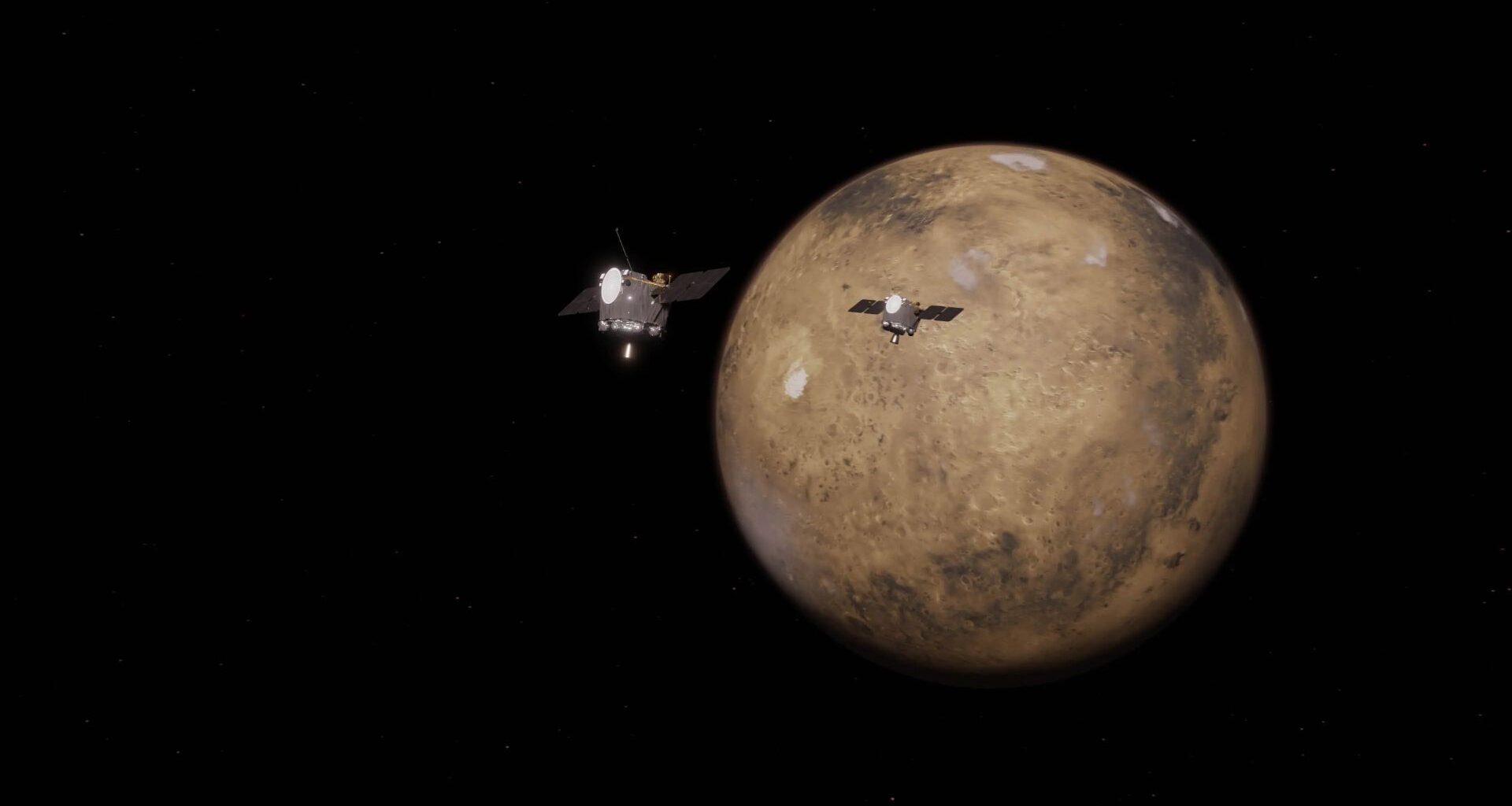 An illustration showing two boxy satellites with solar panels floating in front of the red planet Mars