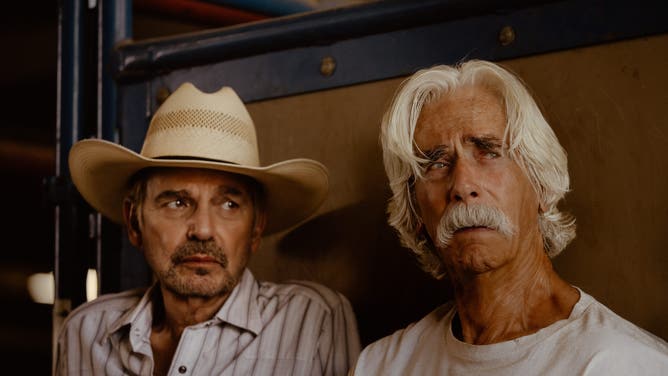 Billy Bob Thornton as Tommy and Sam Elliott as T.L. in Landman episode 6, season 2, streaming on Paramount+. Photo Credit: Emerson Miller/Paramount+