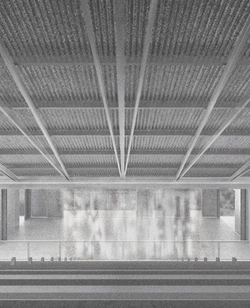 a black and white image of a building interior