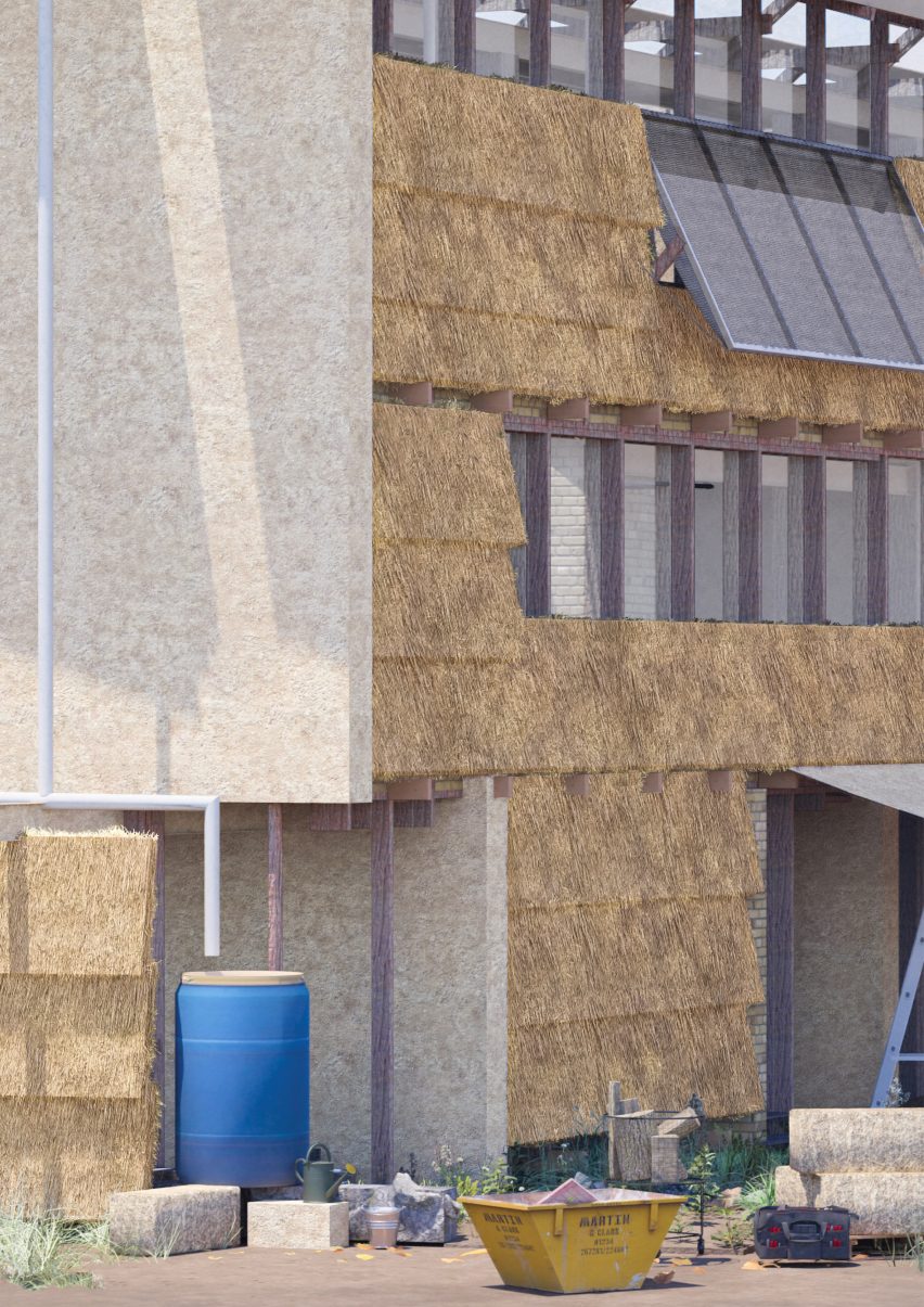 a visualisation of a building with straw walls
