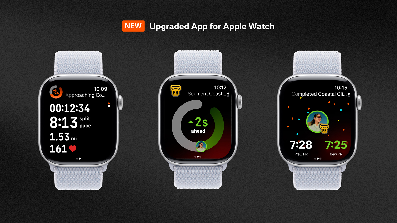 Apple Watch showing the improved Strava record experience