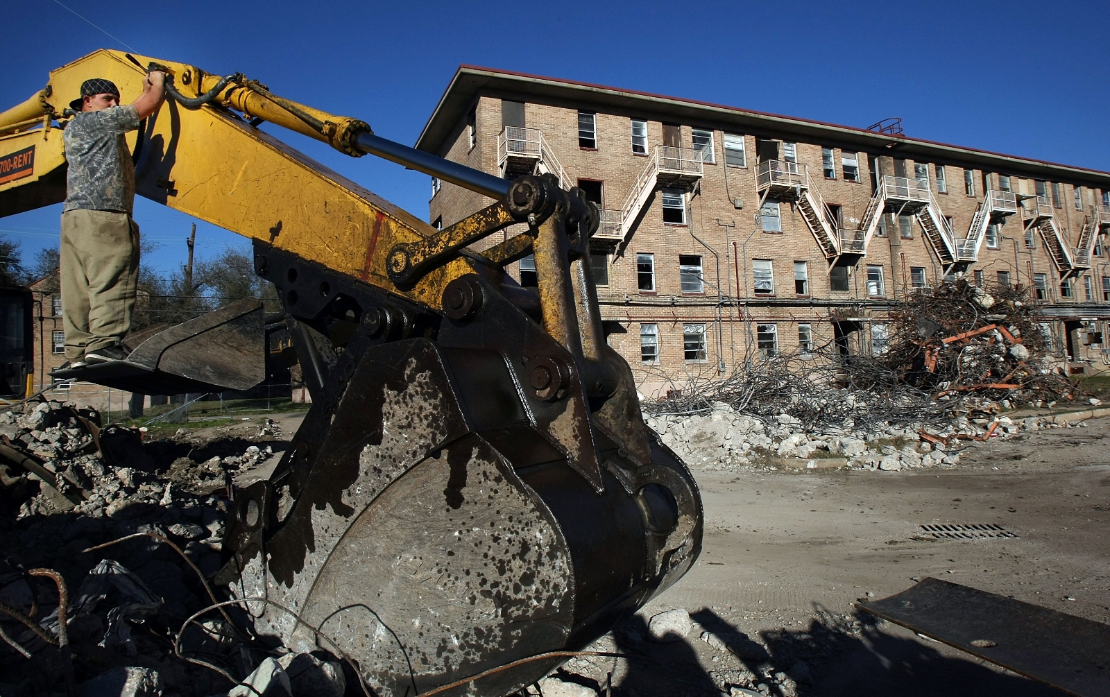 A worker prepares to continue demolition in the B.W. Cooper public housing development February 10, 2008, in New Orleans, Louisiana.