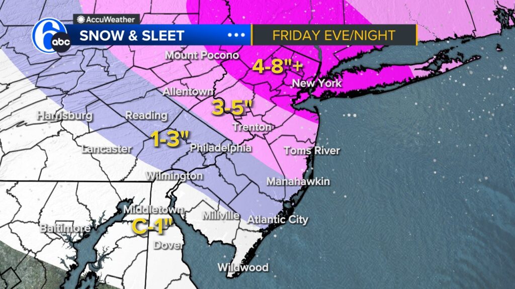 A forecast map shows the Philadelphia region could receive between 1 and 3 inches of snow and sleet on Friday.