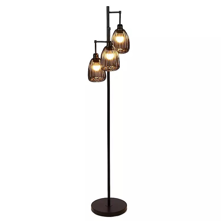 New! Black Ribbed Glass 3-Arm Floor Lamp