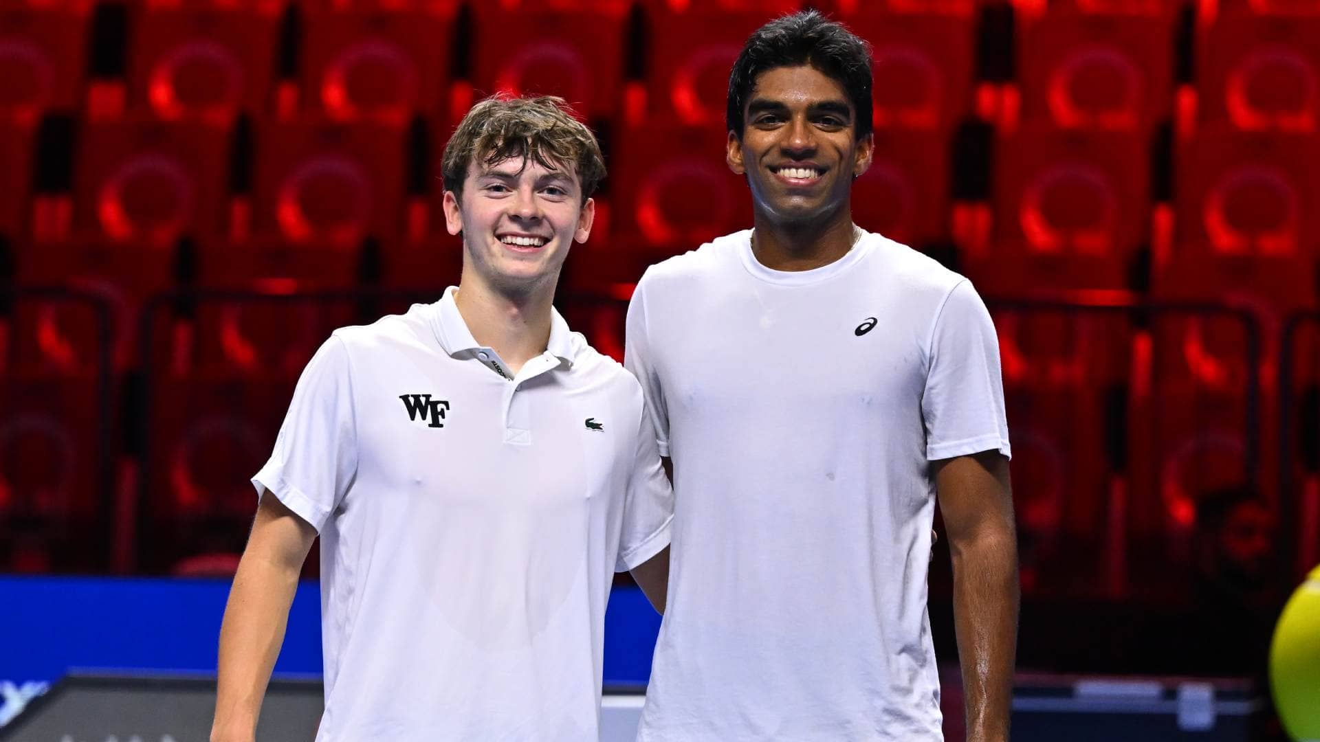 Charlie Robertson and Nishesh Basavareddy practise at the Next Gen ATP Finals in Jeddah.
