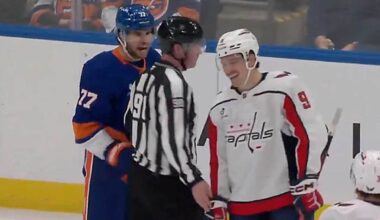 Ryan Leonard laughs at Tony DeAngelo after he appears to challenge Capitals rookie to fight