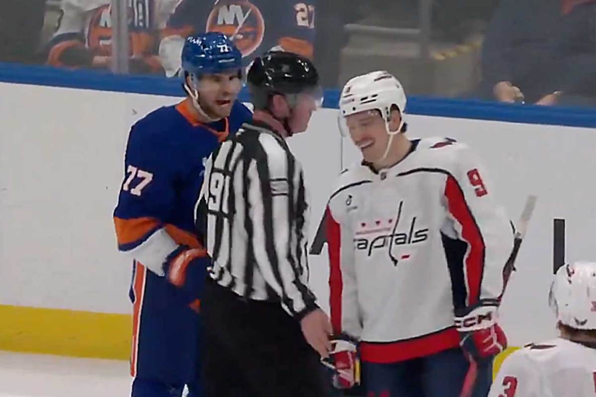 Ryan Leonard laughs at Tony DeAngelo after he appears to challenge Capitals rookie to fight