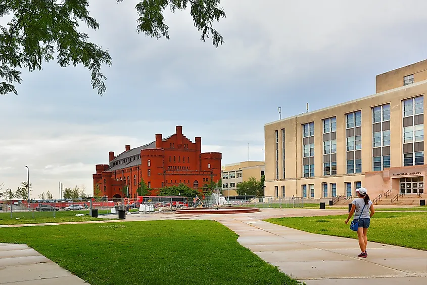 Library Mall on the campus of the University of Wisconsin-Madison at sunset. 