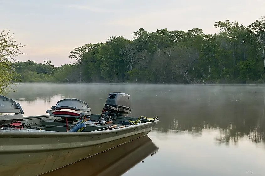 Fishing boat docked along Altamaha River.