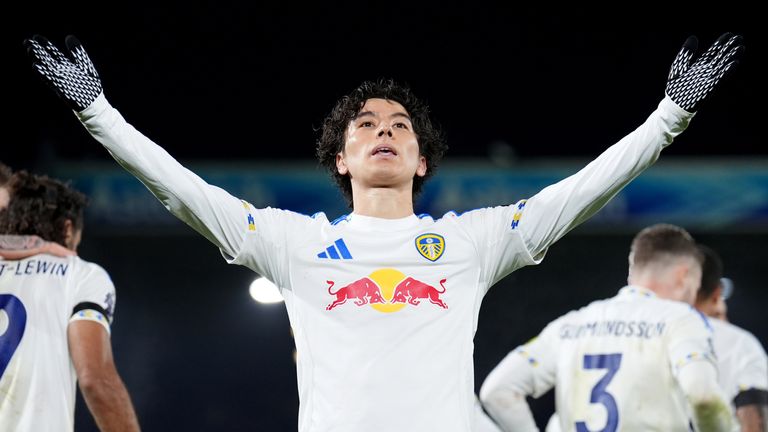 Leeds United's Ao Tanaka celebrates after scoring his sides second goal