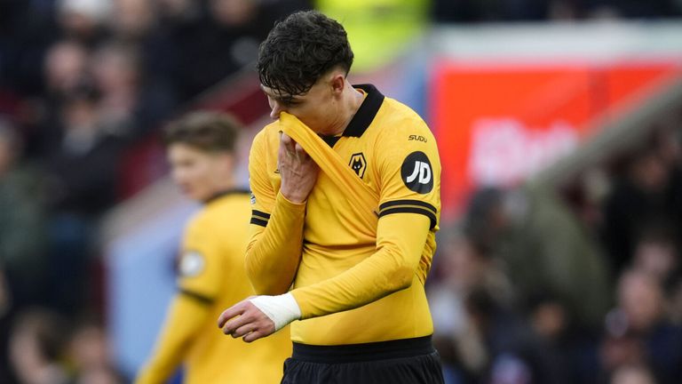 Jorgen Strand Larsen reacts after having a goal disallowed at Villa Park