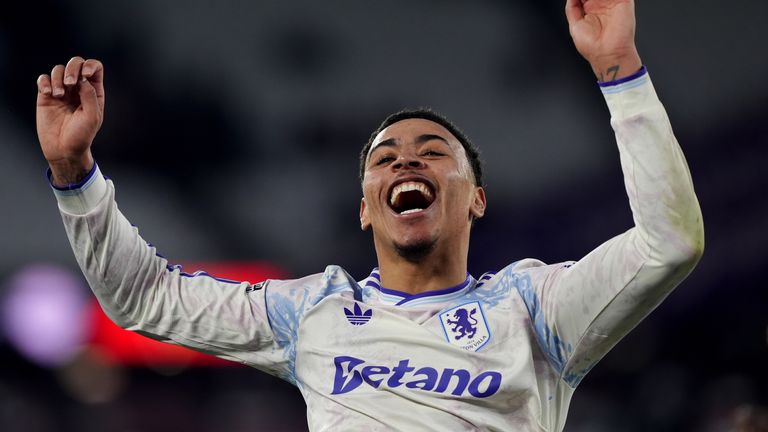 Morgan Rogers celebrates Aston Villa's win at West Ham