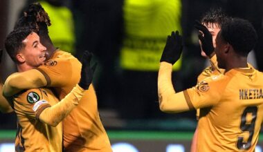Yeremy Pino is congratulated after scoring Crystal Palace's third goal against Shelbourne