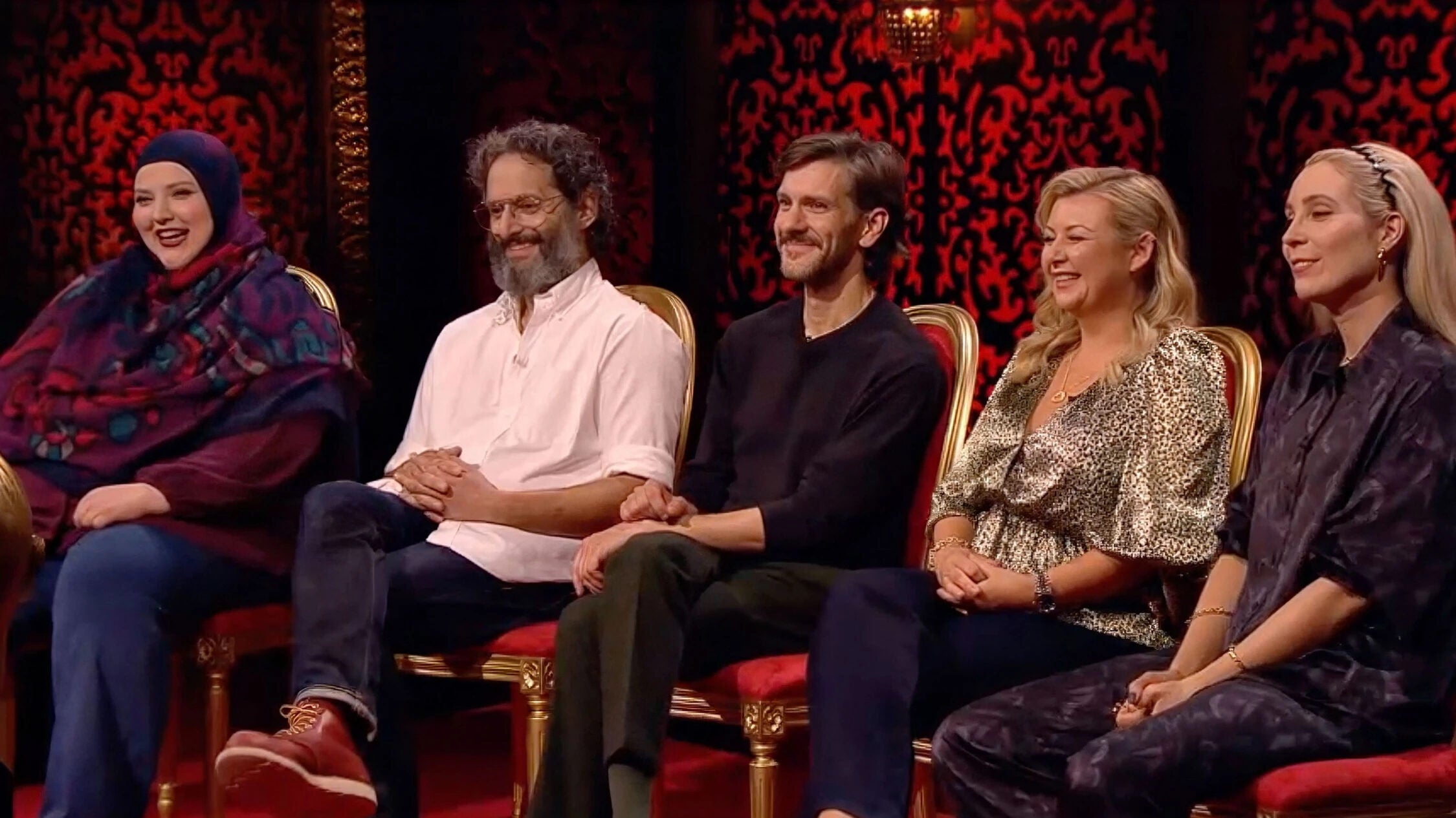 Fatiha El-Ghorri, Jason Mantzoukas, Mathew Baynton, Rosie Ramsey, and Stevie Martin on 