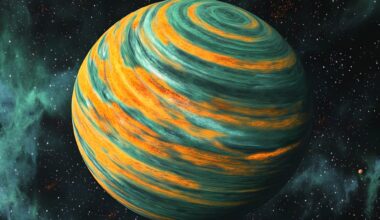 Teal And Orange Striped Exoplanet In Space Nebula