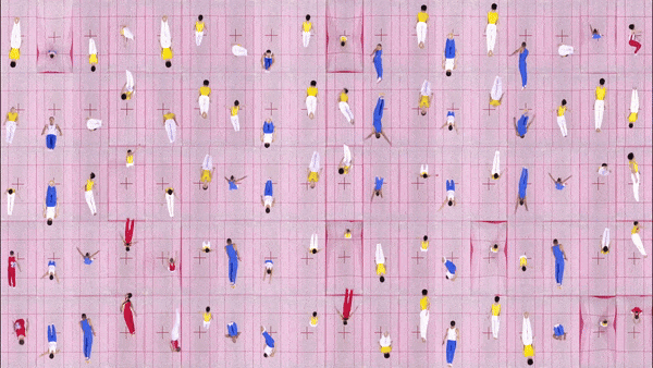 a gif from a video artwork of aerial views of people jumping in pink trampolines