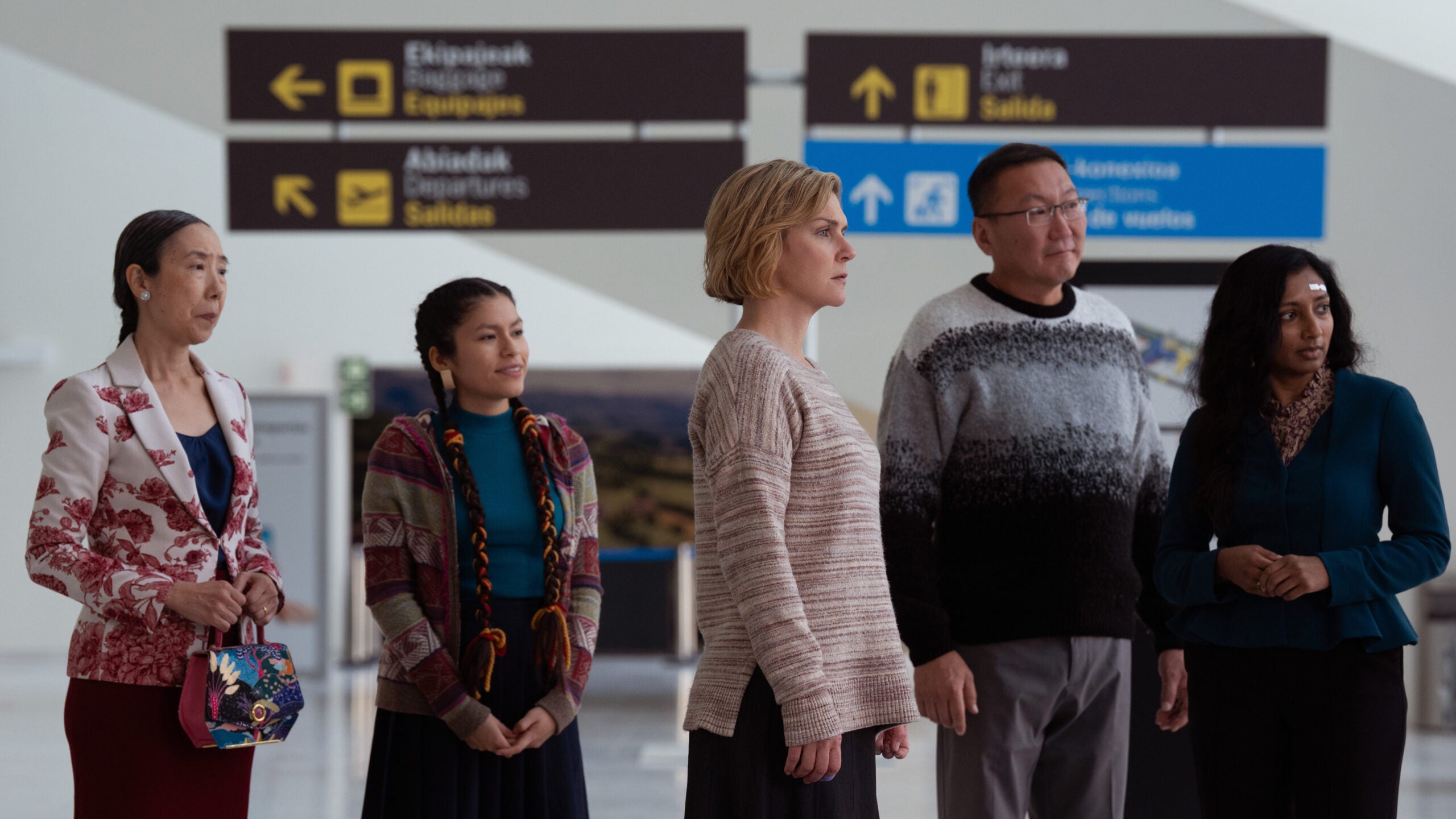 From left, Sharon Gee, Darinka Arones, Rhea Seehorn, Amarburen Sanjid and Menik Gooneratne in “Pluribus.”