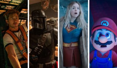 Split image showing four upcoming sci-fi movies in 2026 (L-R): Project Hail Mary, The Mandalorian &amp; Grogu, Supergirl, and The Super Mario Galaxy Movie.