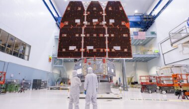 Three large solar panels hang in the back of a cleanroom warehouse room where two workers dressed in white suits stand in the foreground