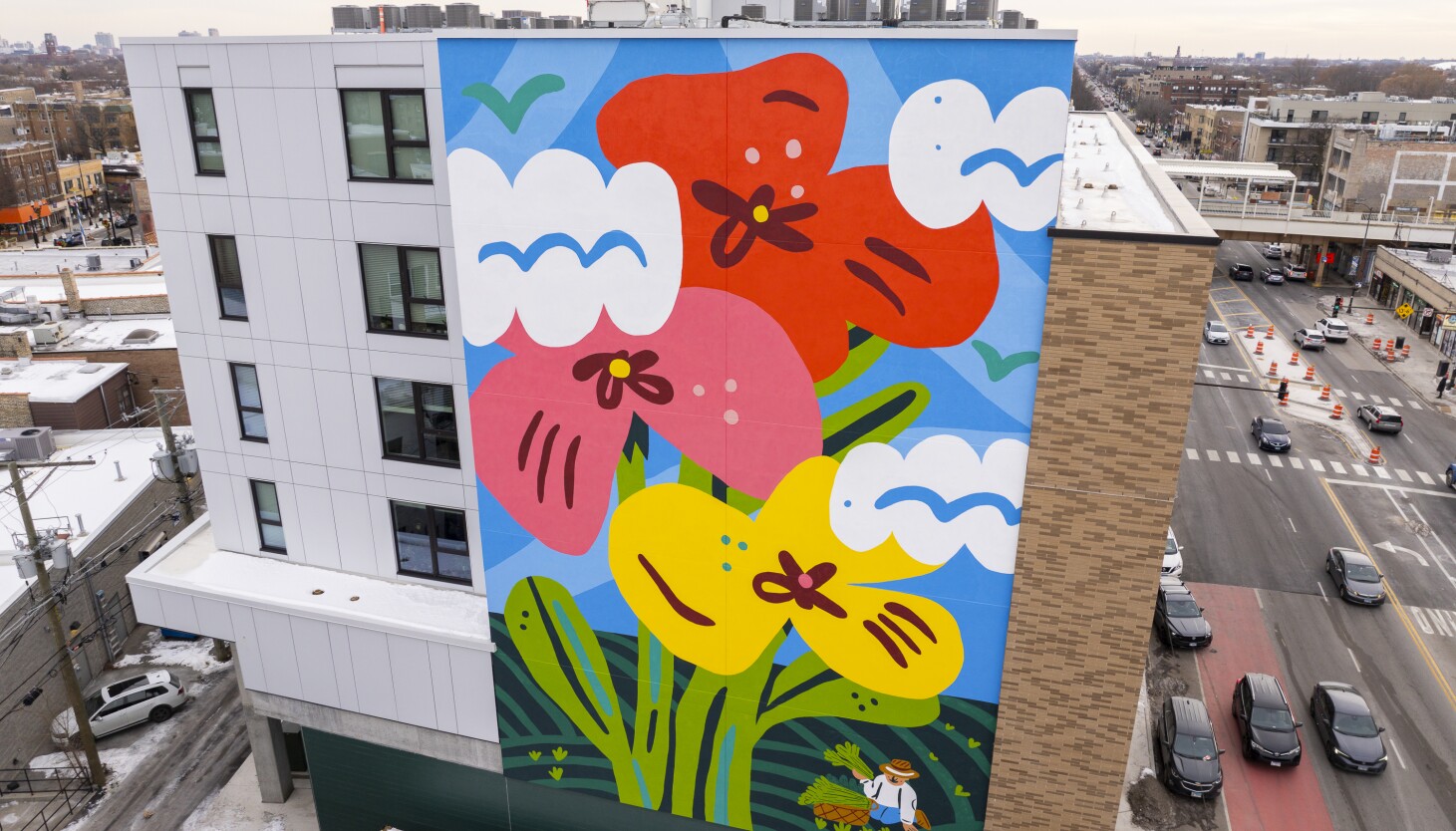 Chicago murals: Lincoln Square painting, a nod to a history of flower growing, might calm road rage