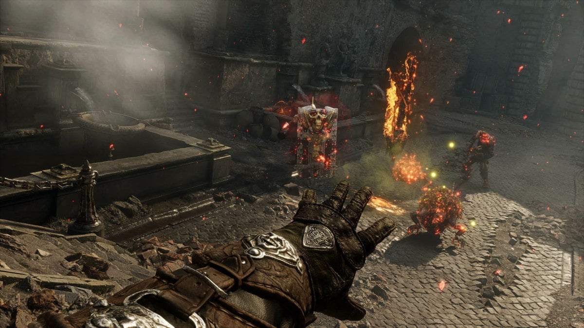 The player casts a fire spell at enemies in Witchfire