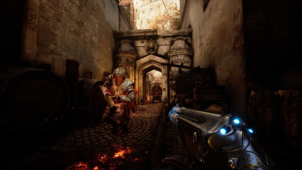 The player wields a shotgun against a knight in Witchfire