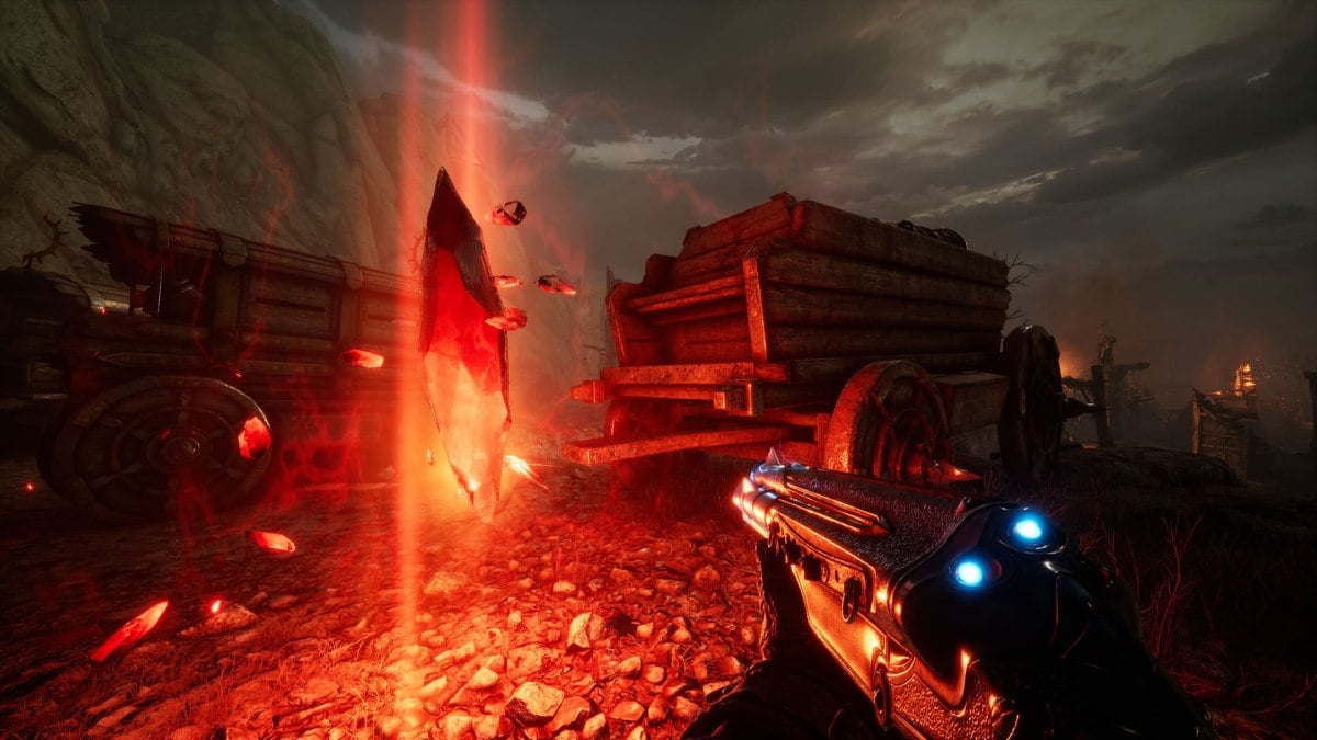 The player stands in front of a crystal of Witchfire in the game Witchfire